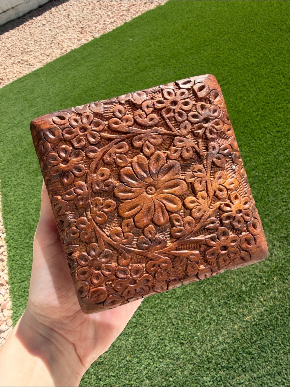 Hand-Carved Floral Wooden Trinket Box - Brown